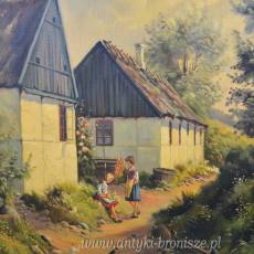 Wiejska scena olej na płótnie w złotej ramie podpisany Kjeld Krautwald (1919-2001) Dania 72/81cm.