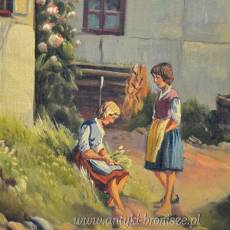 Wiejska scena olej na płótnie w złotej ramie podpisany Kjeld Krautwald (1919-2001) Dania 72/81cm.