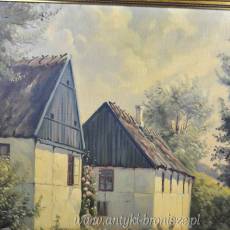 Wiejska scena olej na płótnie w złotej ramie podpisany Kjeld Krautwald (1919-2001) Dania 72/81cm.