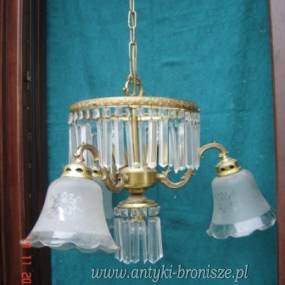 OKAZJA-WYPRZEDAZ !!! - Lampa z mosiadzu zloconego, 3 szklane abazury, 6 punktow swietlnych - poz. 4026