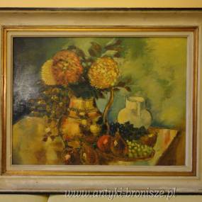 PKAZJA-WYPRZEDAZ !!! OND - Prymitywna "martwa natura " z kwiatami w wazonie, warzywami i owocami - podpisany G.BLOMMAERT , rozm. 65 x 82cm - poz. 1227