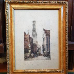 Akwarela "Brugge" w drewnianej ramie- rozm. wew. 28.5X38 cm - poz. 2777