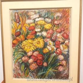 Olej na płótnie "Bukiet kwiatów" podpisany R. Hebrant 1981r . Belgia  65/54cm