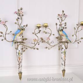 Świecznik PORCELANA Z BRĄZEM! PAPUŻKI NA GAŁĄZCE