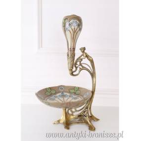 PATERO FLAKON secesja z kobietą PORCELANA Z BRĄZEM