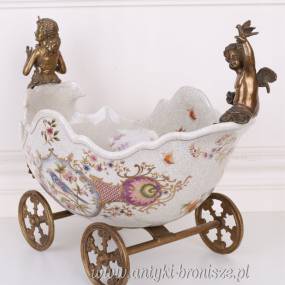PATERA KARETA - porcelana + brąz ZAPRZĘG ptaki