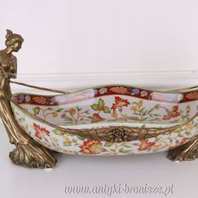 PATERA SECESJA Z KOBIETAMI - porcelana Z BRĄZEM