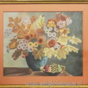 Jesienny bukiet kwiatów pastel na kartonie  E,Douard Francja 1970r 76/62 cm