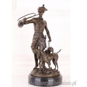 FIGURA Z BRĄZU -MYŚLIWY Z PSAMI- figura SYGNOWANA