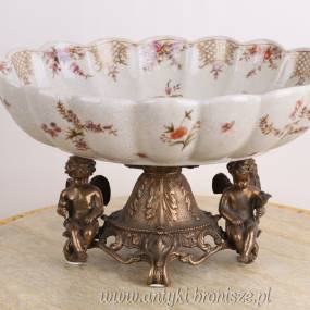 DUŻA PATERA NA ANIOŁKACH porcelana z brązem PTAKI