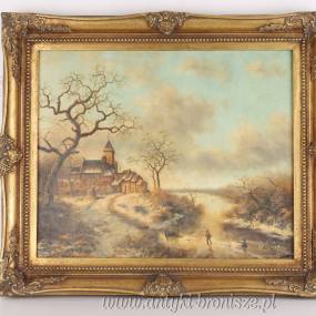 OBRAZ ZŁOTA RAMA -ZAMEK W ZIMOWEJ SZACIE- 61 X 71 cm