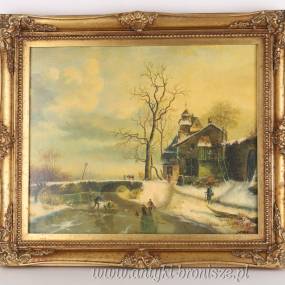 OBRAZ ZŁOTA RAMA -BAWIĄCE SIĘ DZIECI NA LODOWISKU- 61 X 71 cm