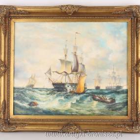 WIDOK MORZA -STATKI -OBRAZ ZŁOTA RAMA - 61 X 71 cm