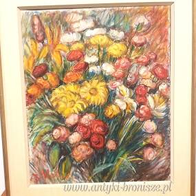 Olej na płótnie "Bukiet kwiatów" podpisany R. Hebrant 1981r . Belgia  65/54cm