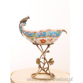 WYSOKA PATERA Z PTASZKIEM - porcelana z brązem