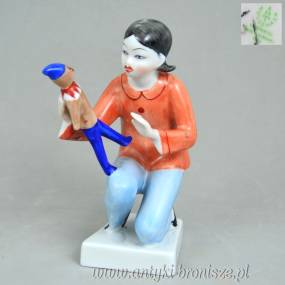 Dziewczynka z pajacem art deco Hollohaza węgierska porcelana lata 60te unikalna kolorystyka