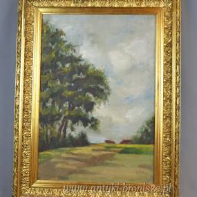 Pejzaż w złotej ramie, olej na desce podpisany 47/62cm w świetle 33/48cm poł.XXw