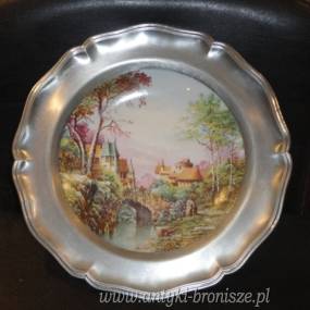 Talerz z cyny z porcelanowa wkladka z malowidlem "Castelli di Sassonia" dia 27cm - poz. 3837