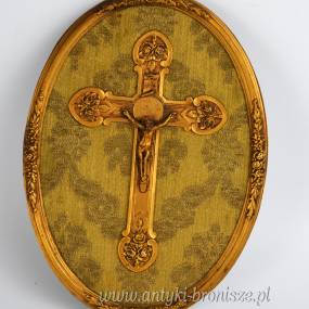 Unikalny krucyfiks, krzyż mosiądz złocony na owalnej deseczce 13/17cm Francja ok. 1920 r
