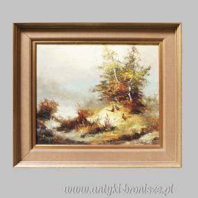 Olej na płótnie ,, Bażanty w lesie ¨ Podpisany Bernard  Holandia 1970 r 78/68 cm