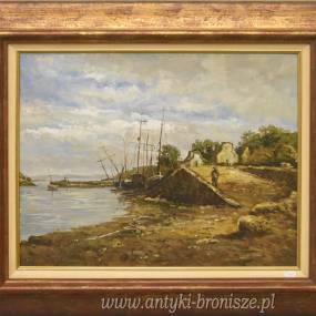 Obraz ONP - "Panorama portu" podpisany Bouchez, w drewnianej ramie - poz. 6853