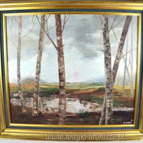 Olej na płótnie brzozy M. Vught Holandia 1980r drewniana rama 90/80cm