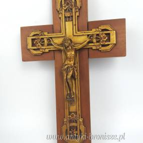 Artefakt religijny. krucyfiks, krzyż na ścianę, drewno, metal złocony Francja lata 50te