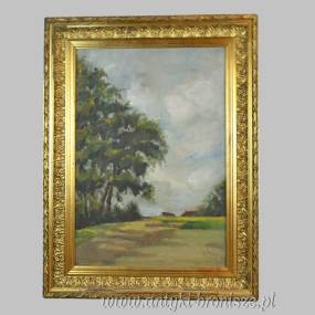 Pejzaż w złotej ramie, olej na desce podpisany 47/62cm w świetle 33/48cm poł.XXw