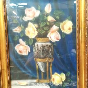Pastel w złotej ramie róże w wazonie podpisany Z? Stankiewicz 55/75cm