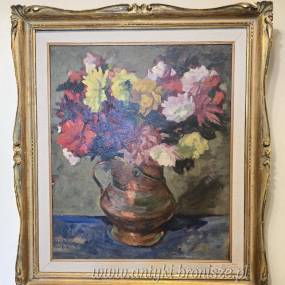Bukiet kolorowych kwiatów, olej na desce, drewniana złocona rama. I poł XXw