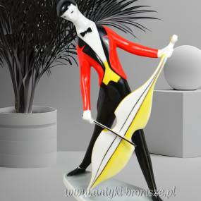 Muzyk jazzowy z wiolonczelą (kontrabasem), figurka w stylu Art Deco, János Török, Zsolnay Węgry lata 60te