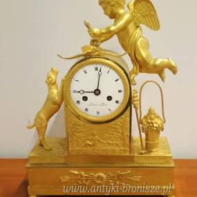 Zegar kominkowy empire, brąz złocony sygnowany Francja I poł XIXw