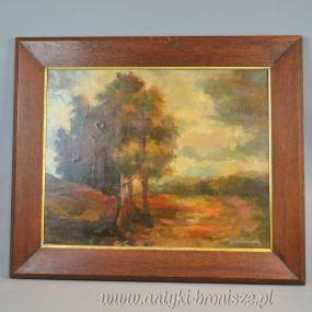Pejzaż jesienny, olej na płótnie poł.XXw, dębowa brązowa rama 63/54cm