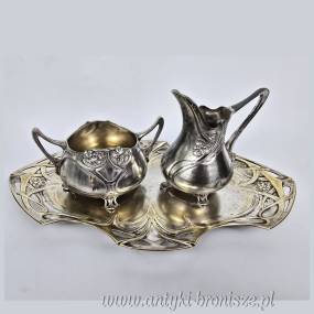 Secesyjny serwis do kawy mlecznik i cukiernica na tacy plater WMF 1900r
