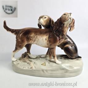 Podwójna figurka psy myśliwskie Retriever i Pointer Royal Dux czeskie Art Nouveau poł. XXw