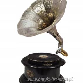 Gramofon - Patefon - Okrągły - Czarna Skrzynia Srebrna Tuba