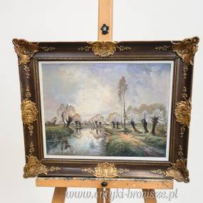 Wierzby nad rzeką olej na płótnie w bogatej ramie 103/85cm  XIXw