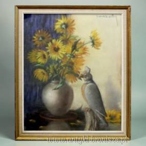 WYPRZEDAŻ Kwiaty słonecznika i papuga pastel Mona Martin Belgia lata 50/60te