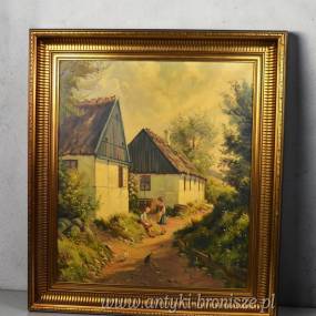 Wiejska scena olej na płótnie w złotej ramie podpisany Kjeld Krautwald (1919-2001) Dania  72/81cm.