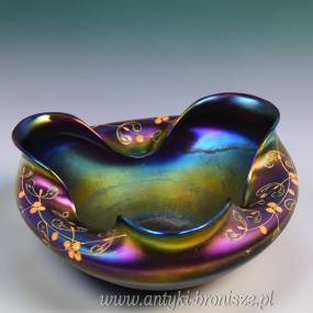 Misa iryzująca, fiolet i złote kwiaty, secesja ok.1900r Loetz Glass Bohemia ( ?)